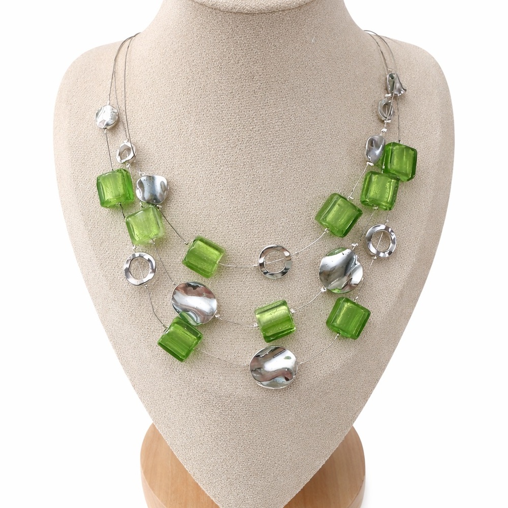 Green Multi-Strand Glass &β Silver Statement Necklace